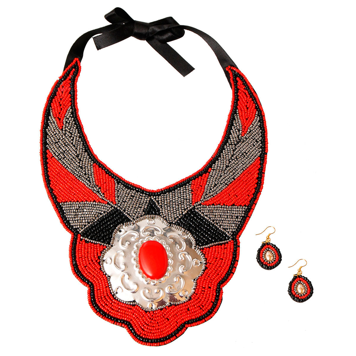 Red & Silver Beaded Bib Set