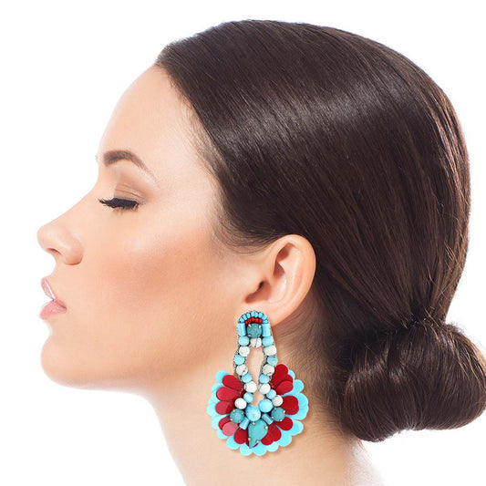 Blue Beaded Sequin Fan Tassel Earrings