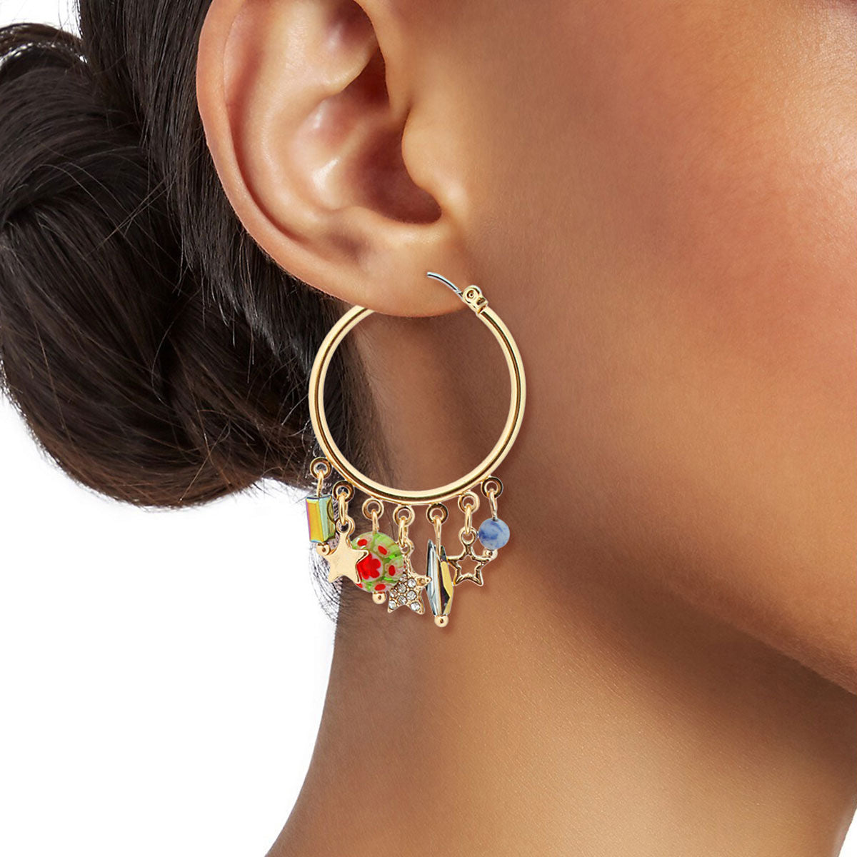 Star Charm Bead Gold Hoops