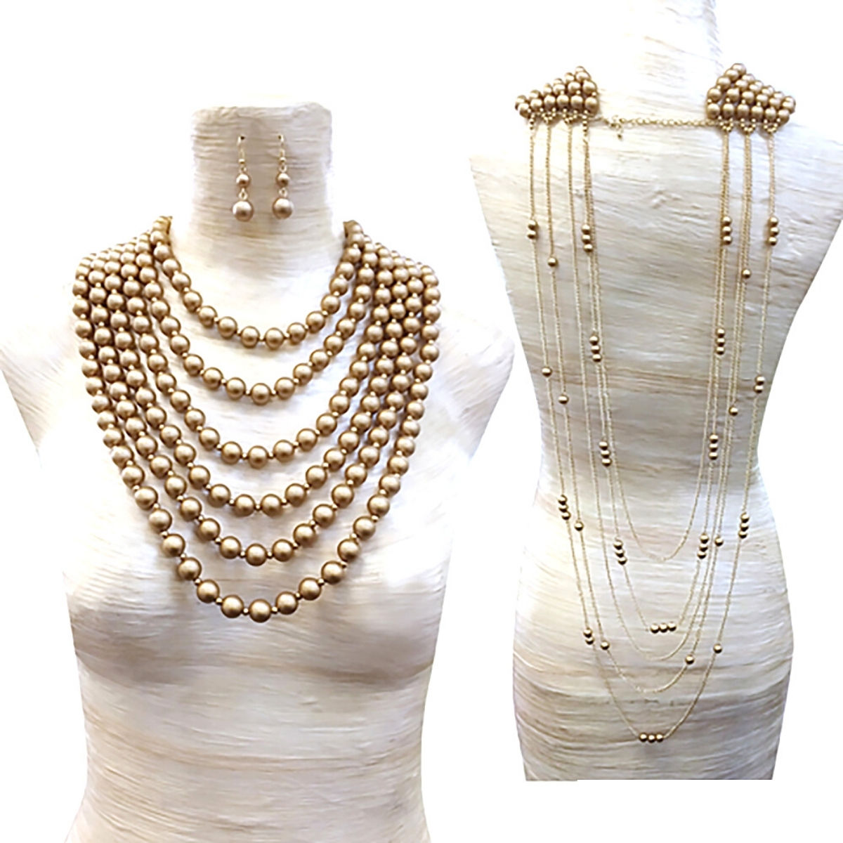 Gold Pearl and Back Drape Necklace Set