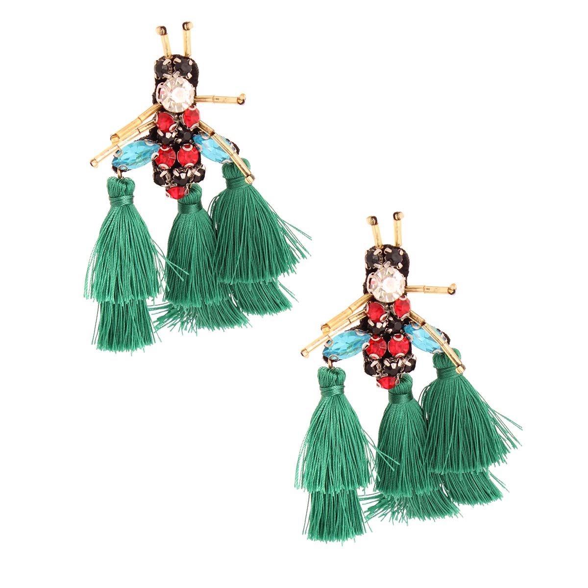 Rhinestone and Tassel Green Bee Earrings