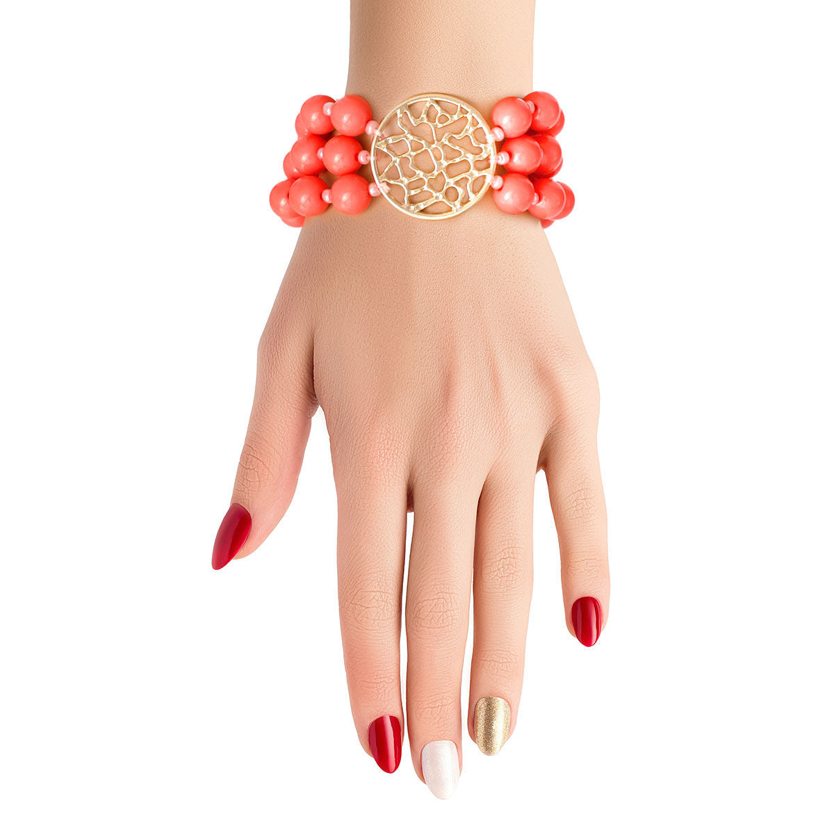 Coral Bead Round Gold Bracelet