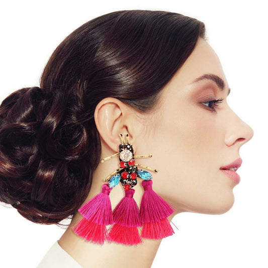 Rhinestone and Tassel Fuchsia Bee Earrings