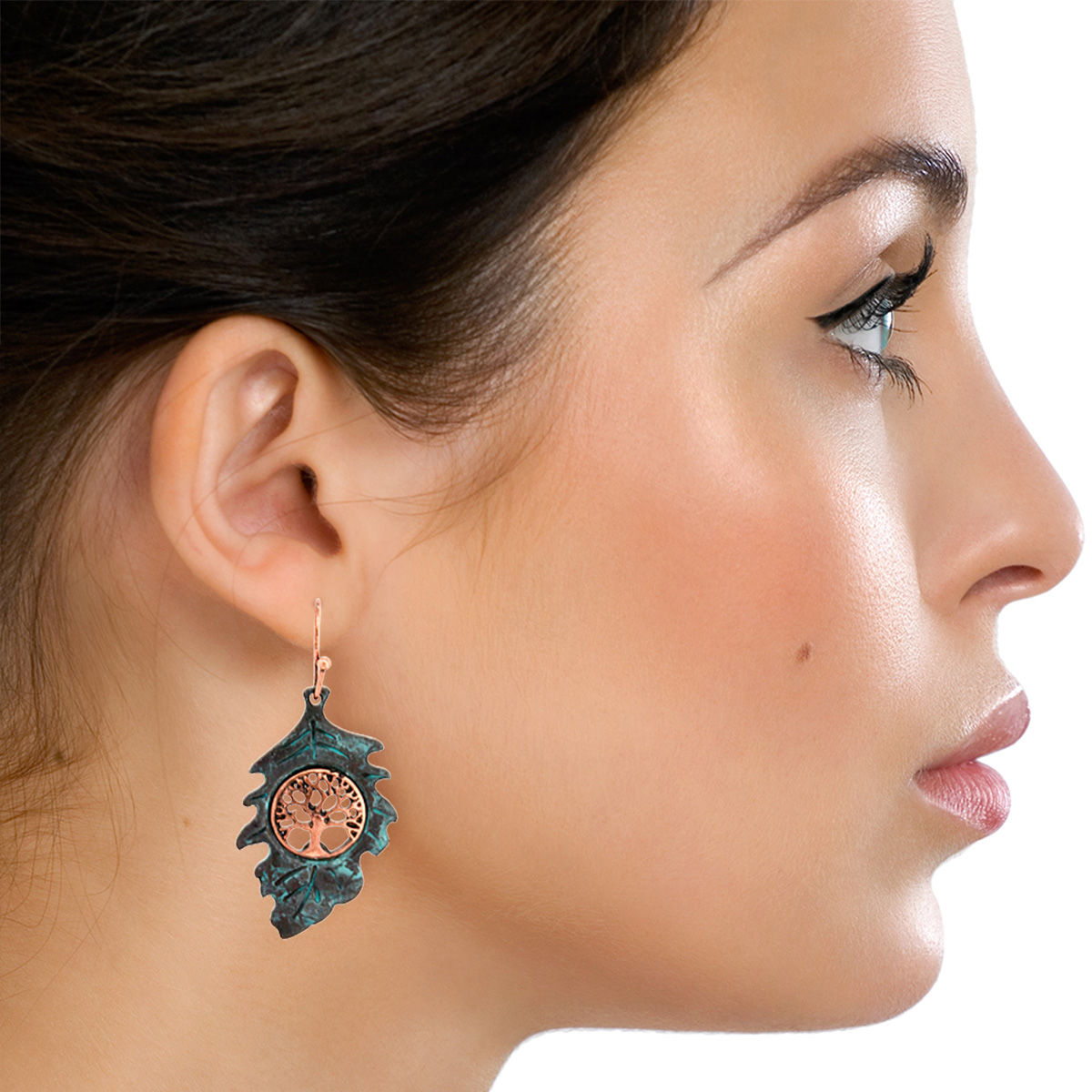 Patina Leaf Tree of Life Earrings