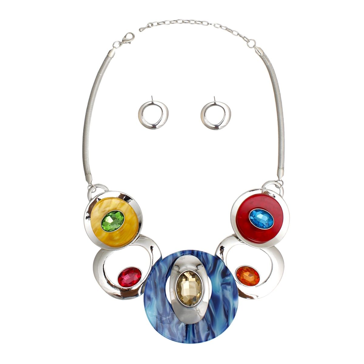 Multi-Color Swirled Silver Bib Necklace