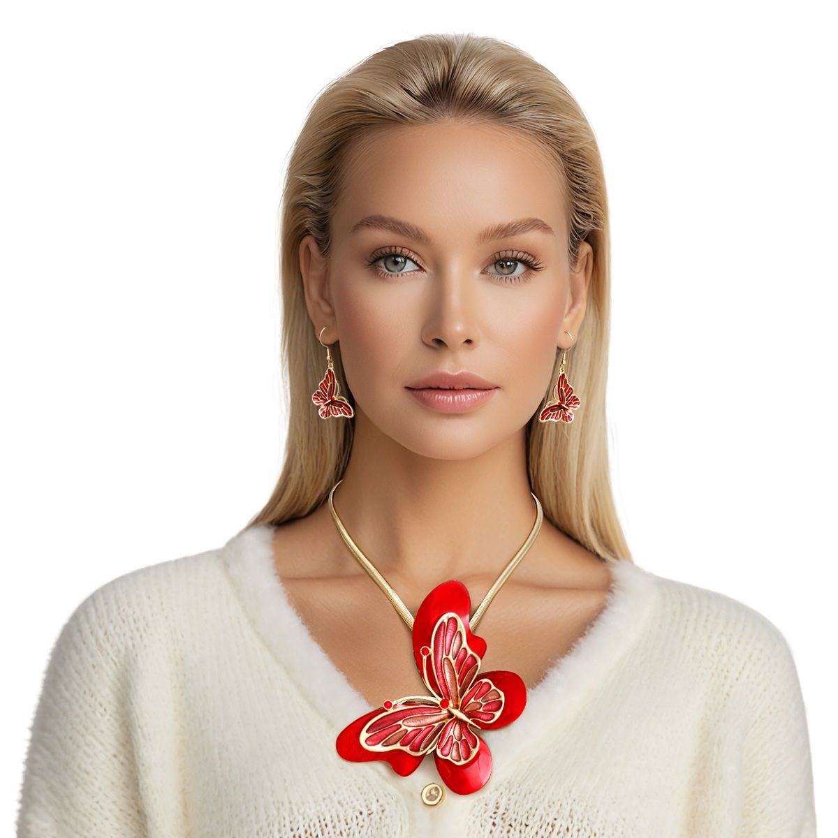 Necklace Red Butterfly 3D Pendant Set Women