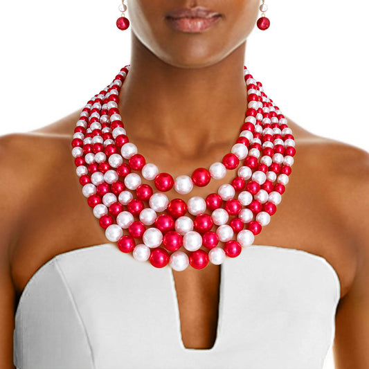 Red and White Pearl 5 Strand DST Necklace Set|18 inches