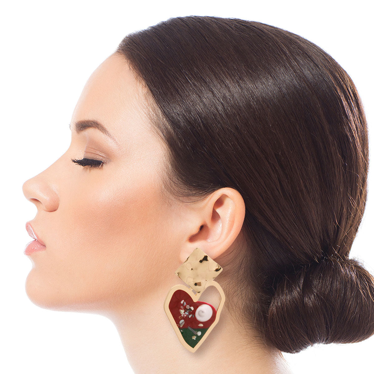 Gold and Red Resin Heart Earrings