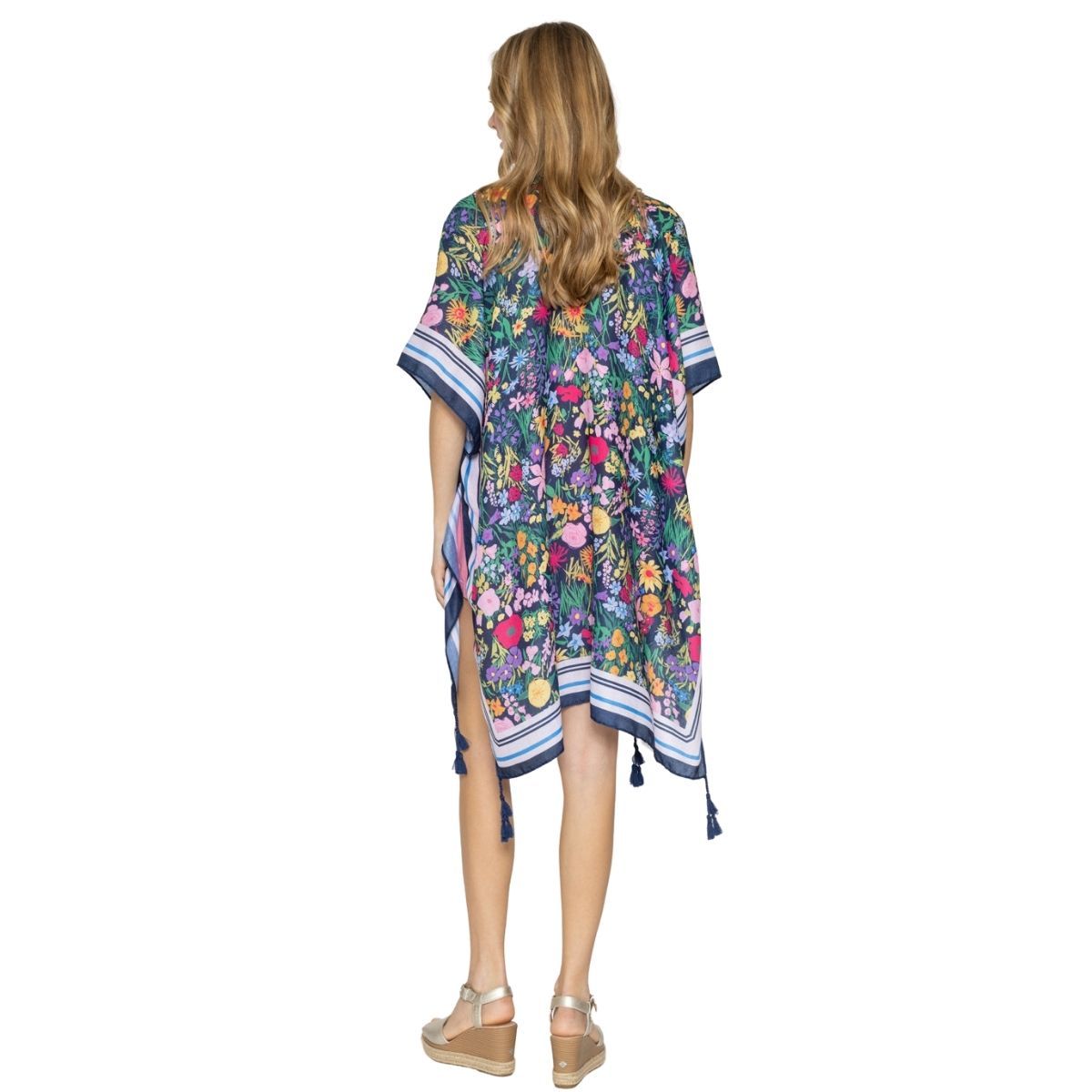 Black Border Floral Tassel Kimono