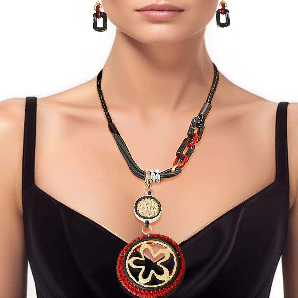 Red and Black Leather Pendant Set