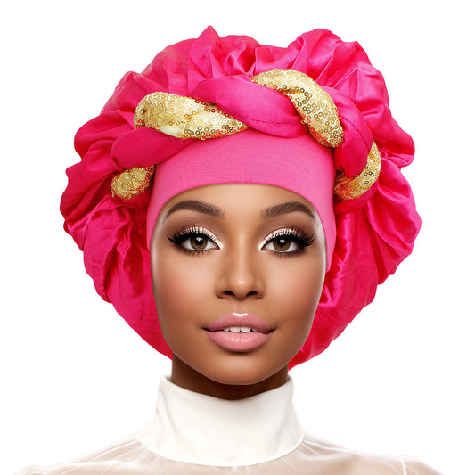 Bonnet Hot Pink Gold Satin Wide Edge Twist Women