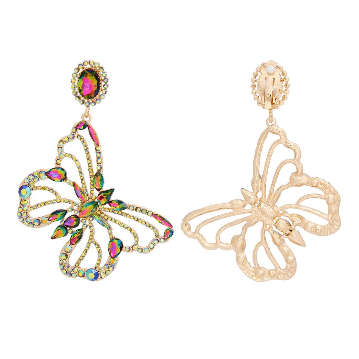 Clip On XLarge Pink Green Butterfly Earrings Women