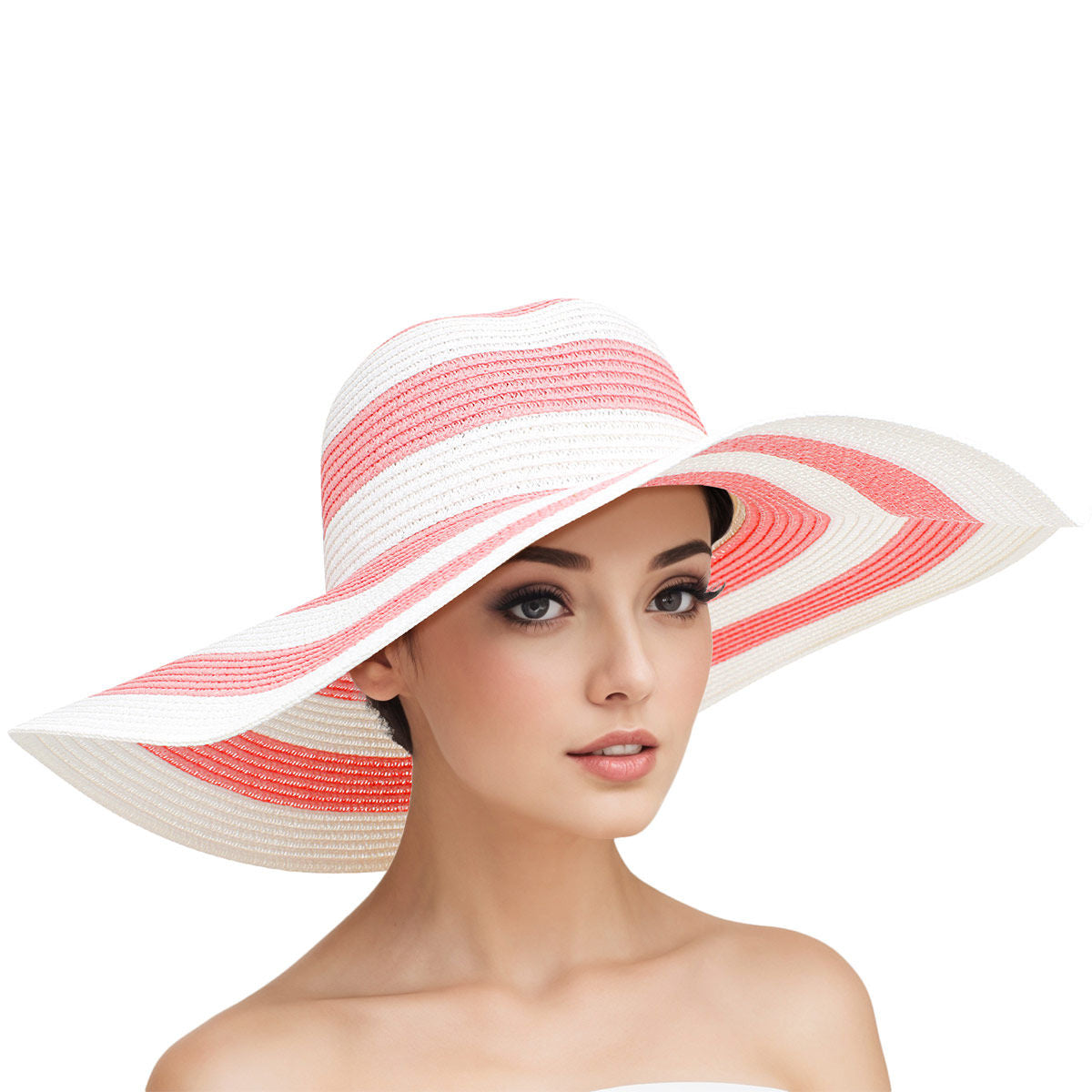 Straw Hat Vogue Pink White Striped Wide Brim Hat