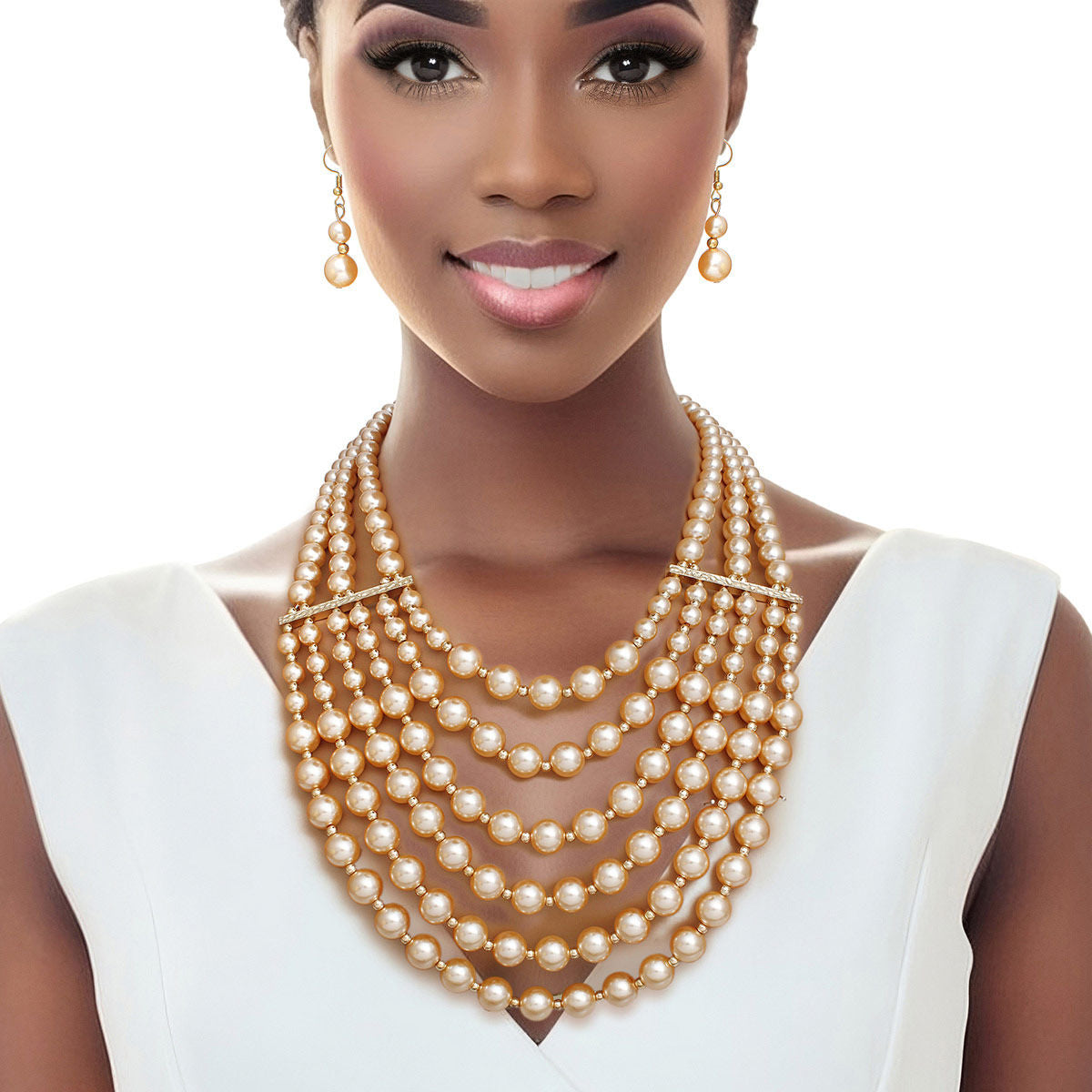 Necklace Light Brown Draped Pearl 6 Row Set Women