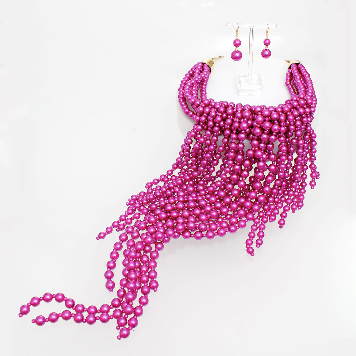 Fuchsia Pearl Fringe Necklace Set