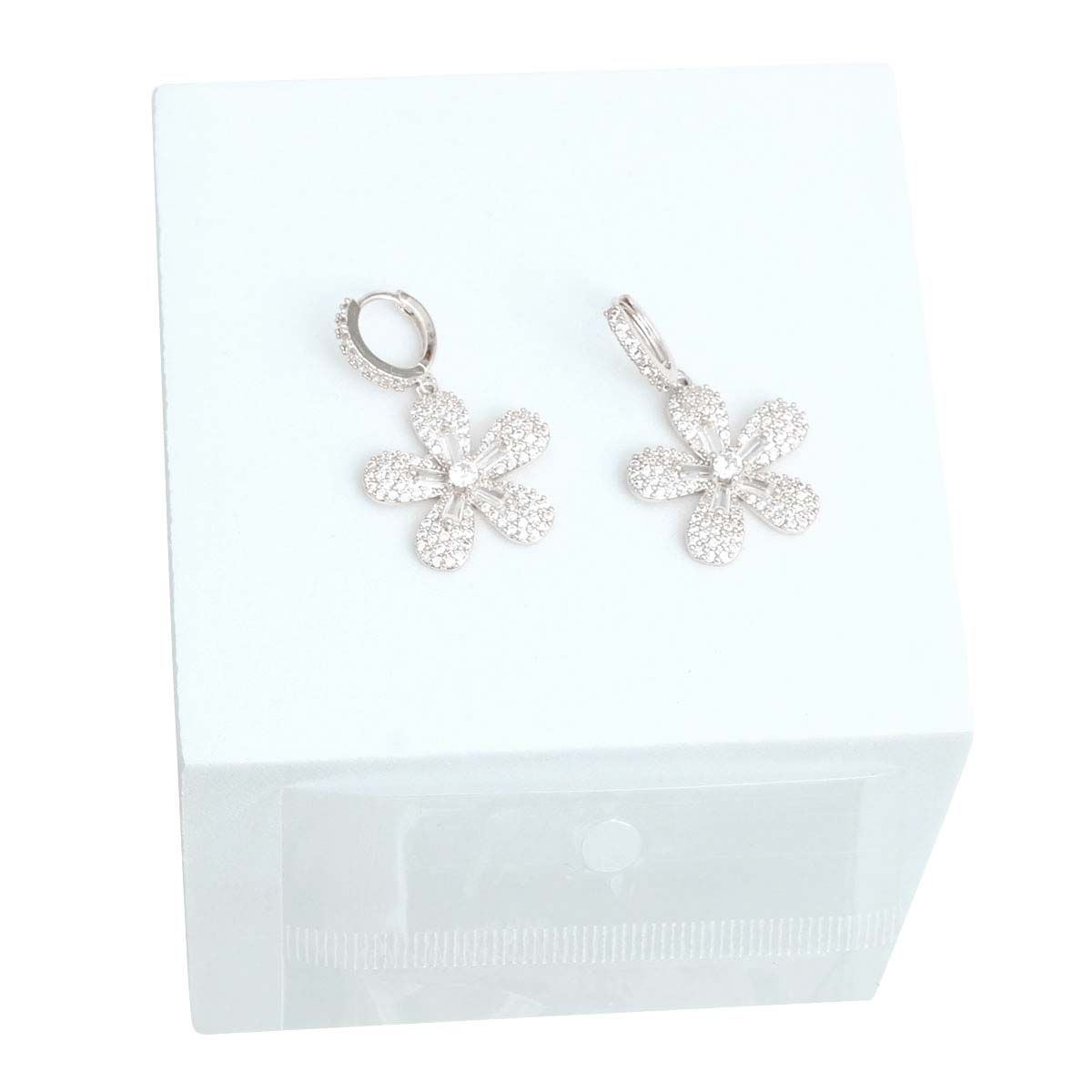 Rhodium Plated CZ Flower Huggie Hoops