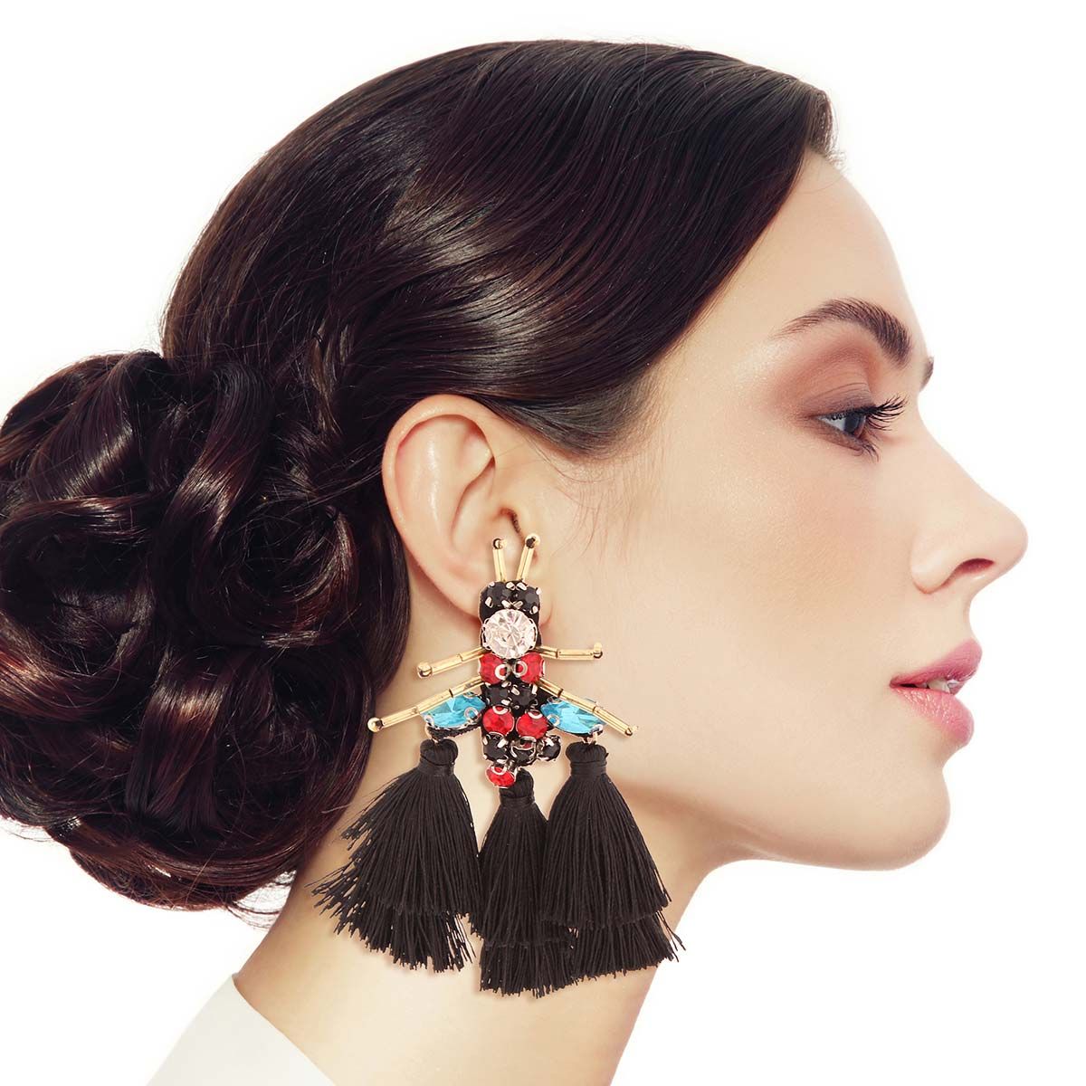 Rhinestone and Tassel Black Bee Earrings