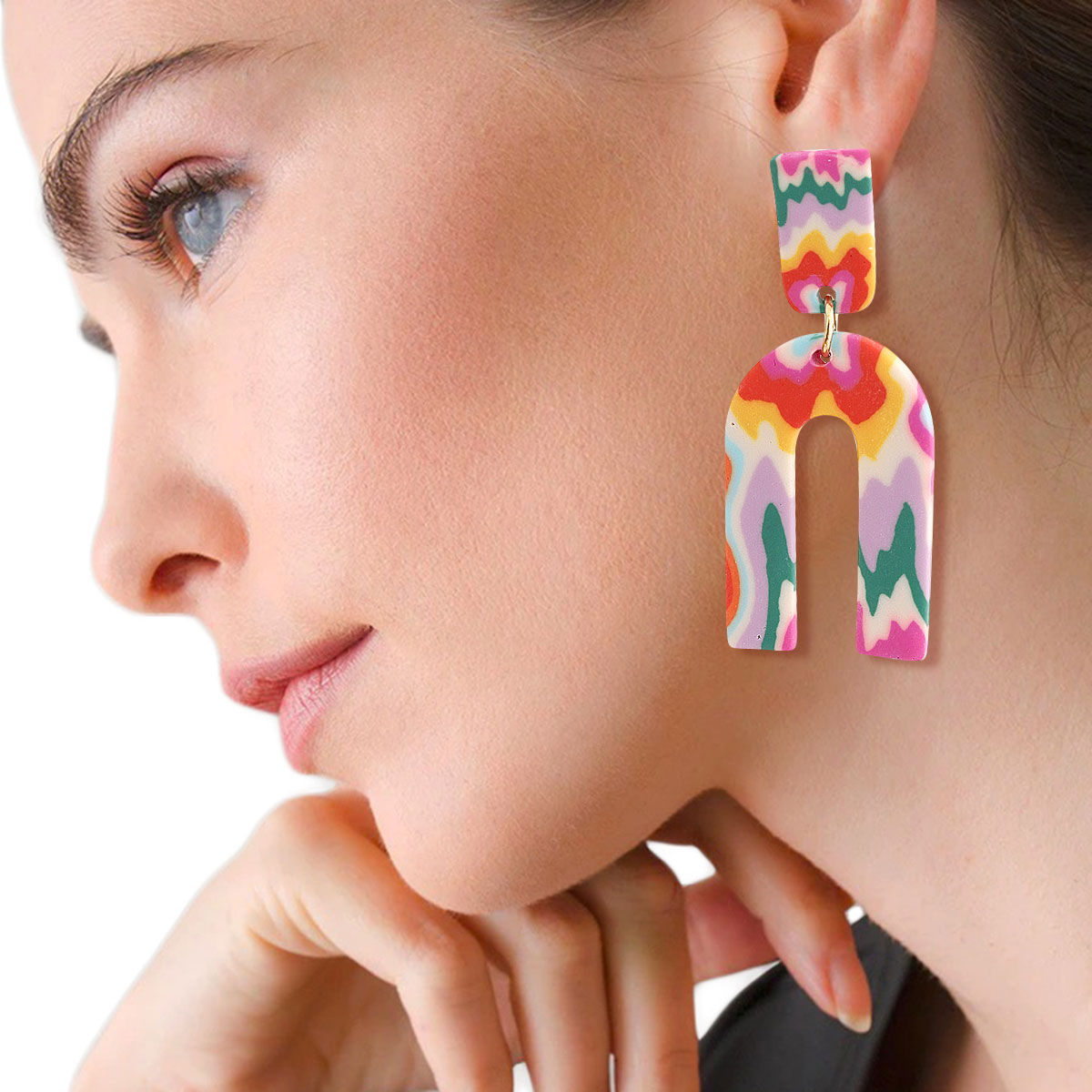 Rainbow Marbled Clay U Drop Earrings