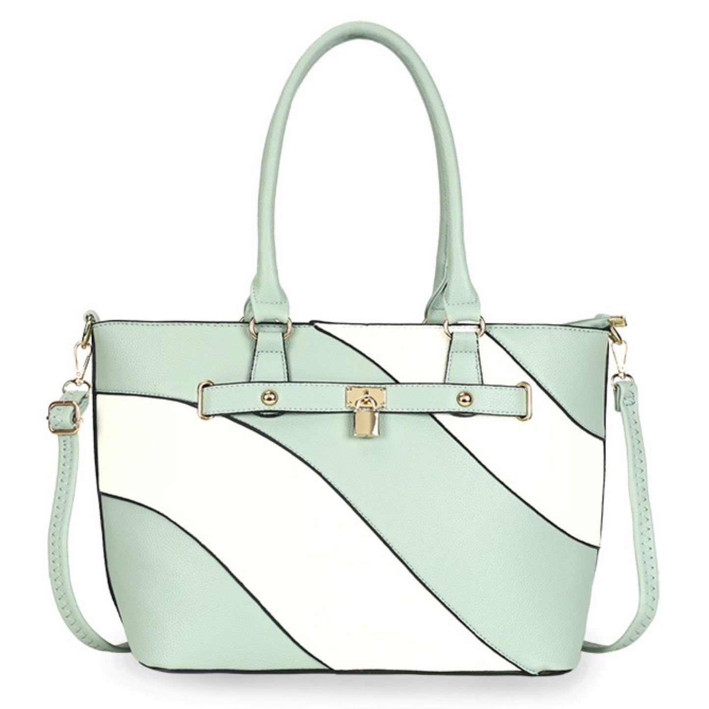 Tote Light Green and White Stripe Handbag Women