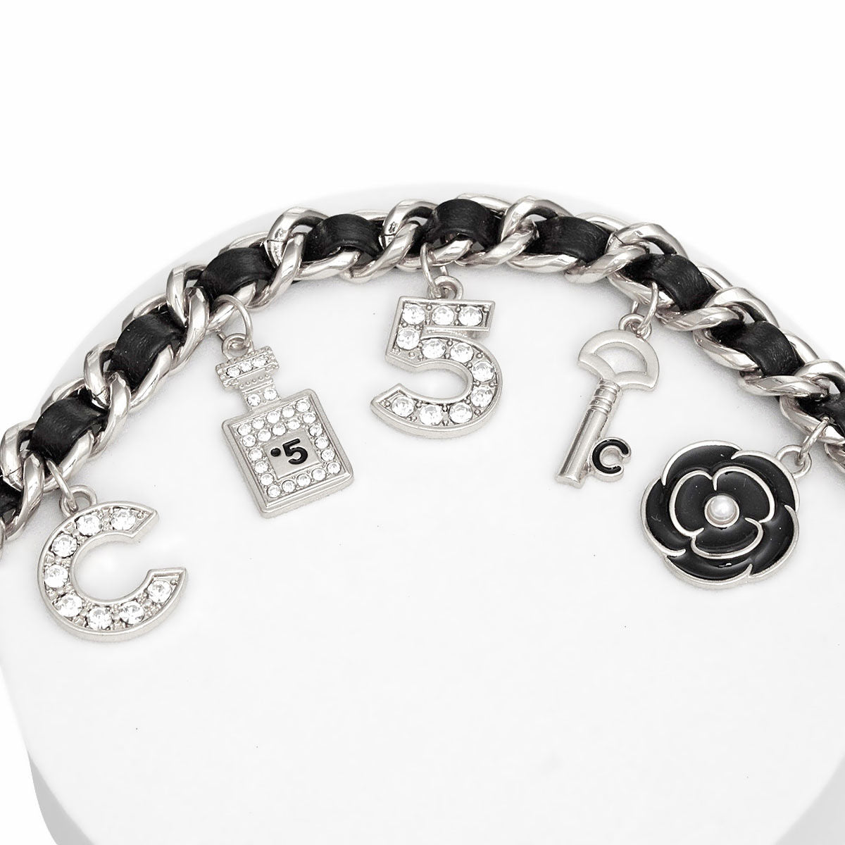 Anklet Black Woven Silver Chain Camellia Charms