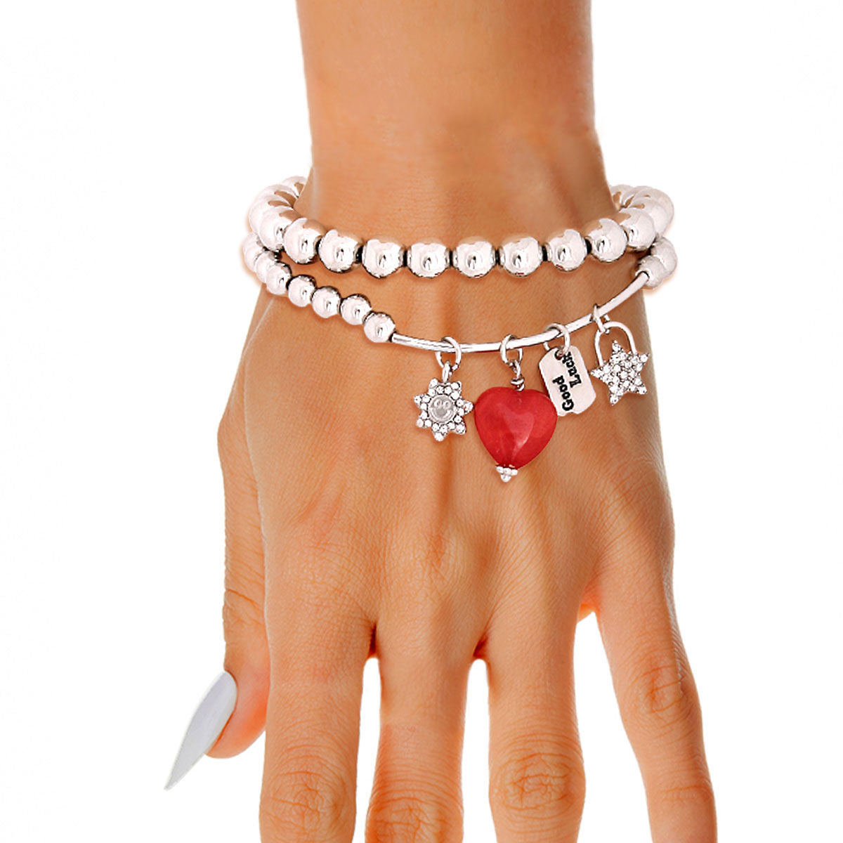 Silver Bead 2 Pcs Heart Charm Bracelets