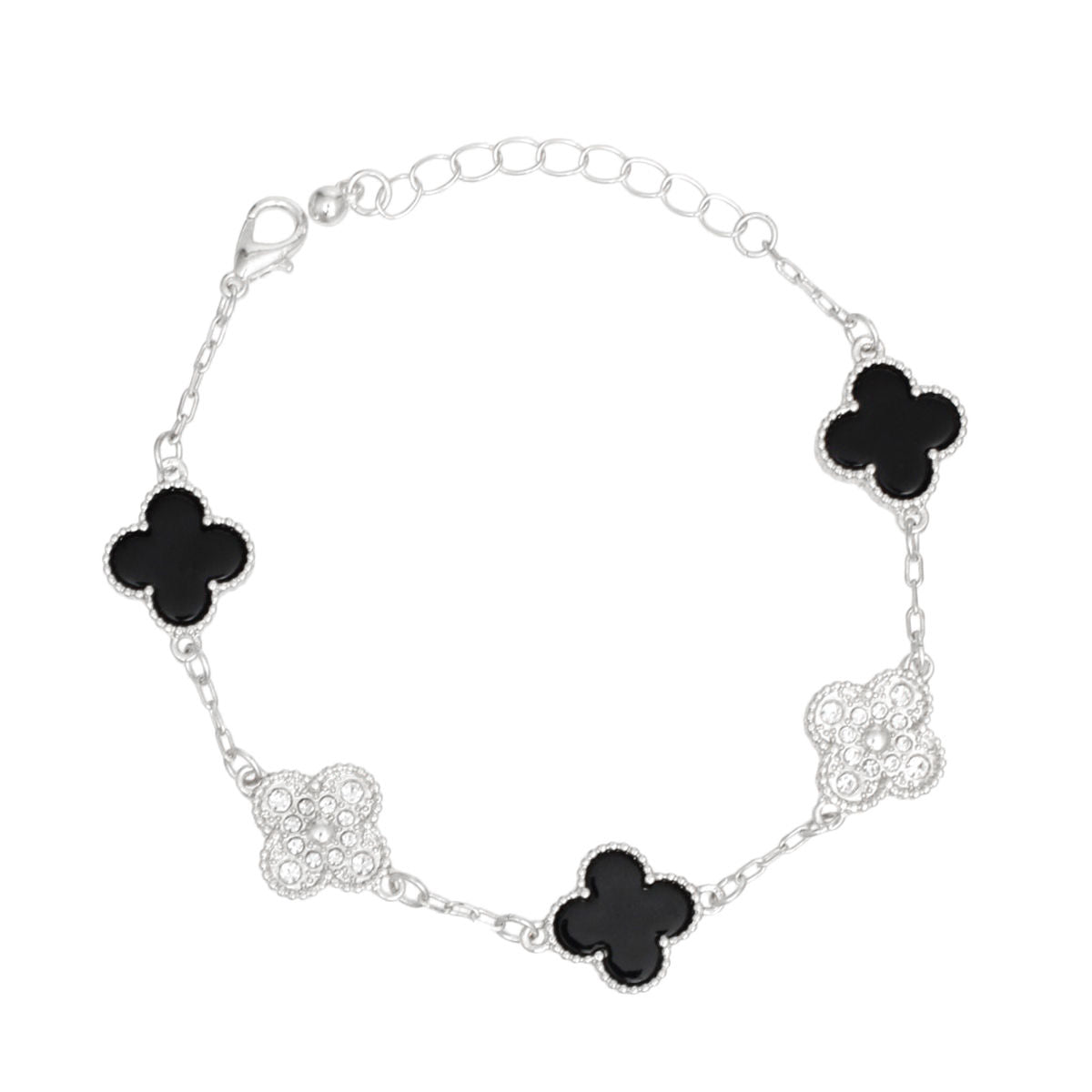 Bracelet Silver Black Clover Station Charm Women