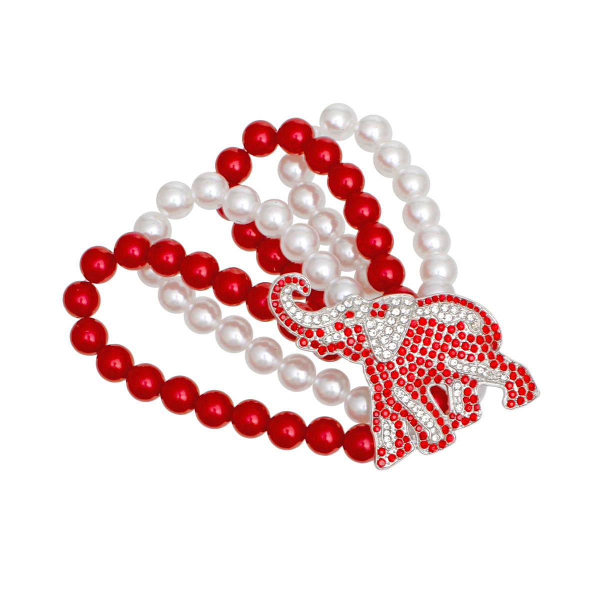 DST Red White Pearl 4 Strand Elephant Bracelet