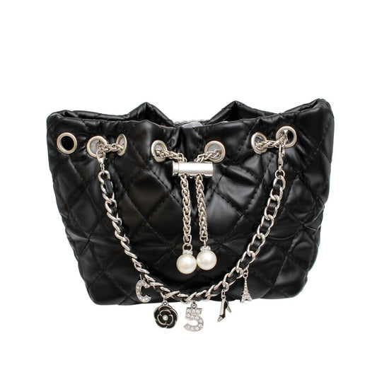 Mini Bucket Black Quilted Silver Camellia Luxe Bag