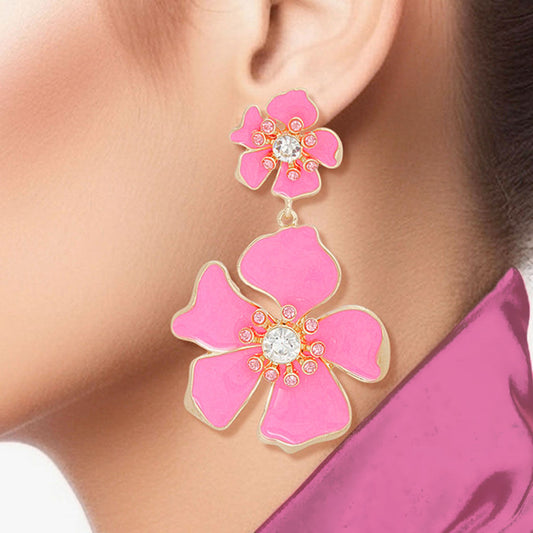 Drop Pink Gold Tropical Flower Earrings for Women