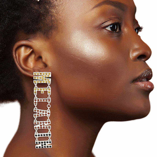 Silver Rhinestone MELANIN Link Earrings