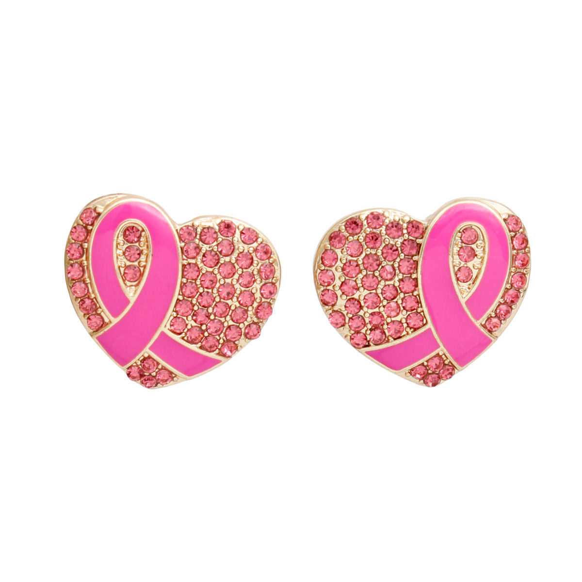 Studs Gold Heart Pink Stone Cancer Ribbon Earrings