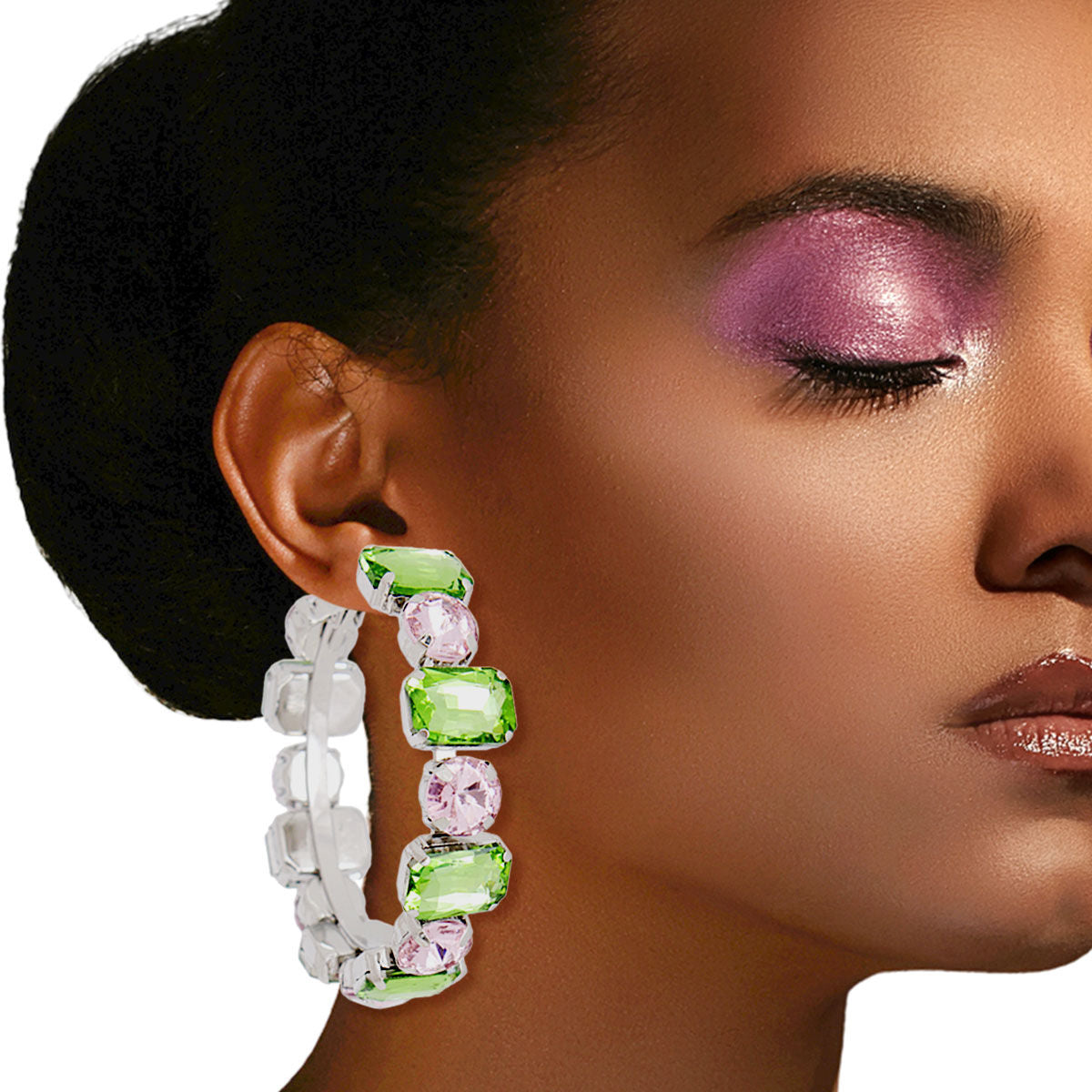 AKA Pink Green Glass Crystal Hoops