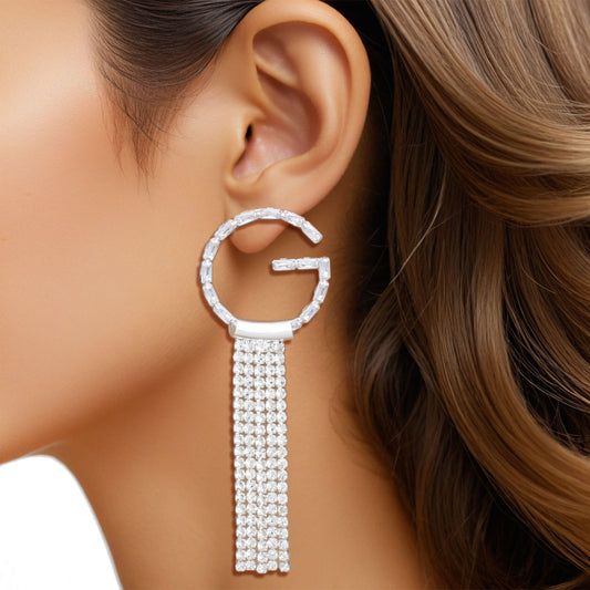 Tassel Silver G Rhinestone Fringe Earrings Women