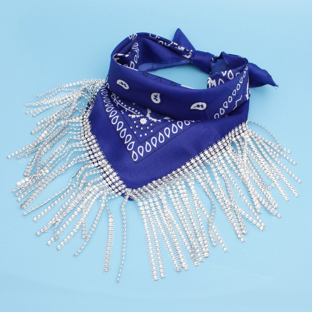 ZPB Blue and White Bandana Bling Fringe Necklace