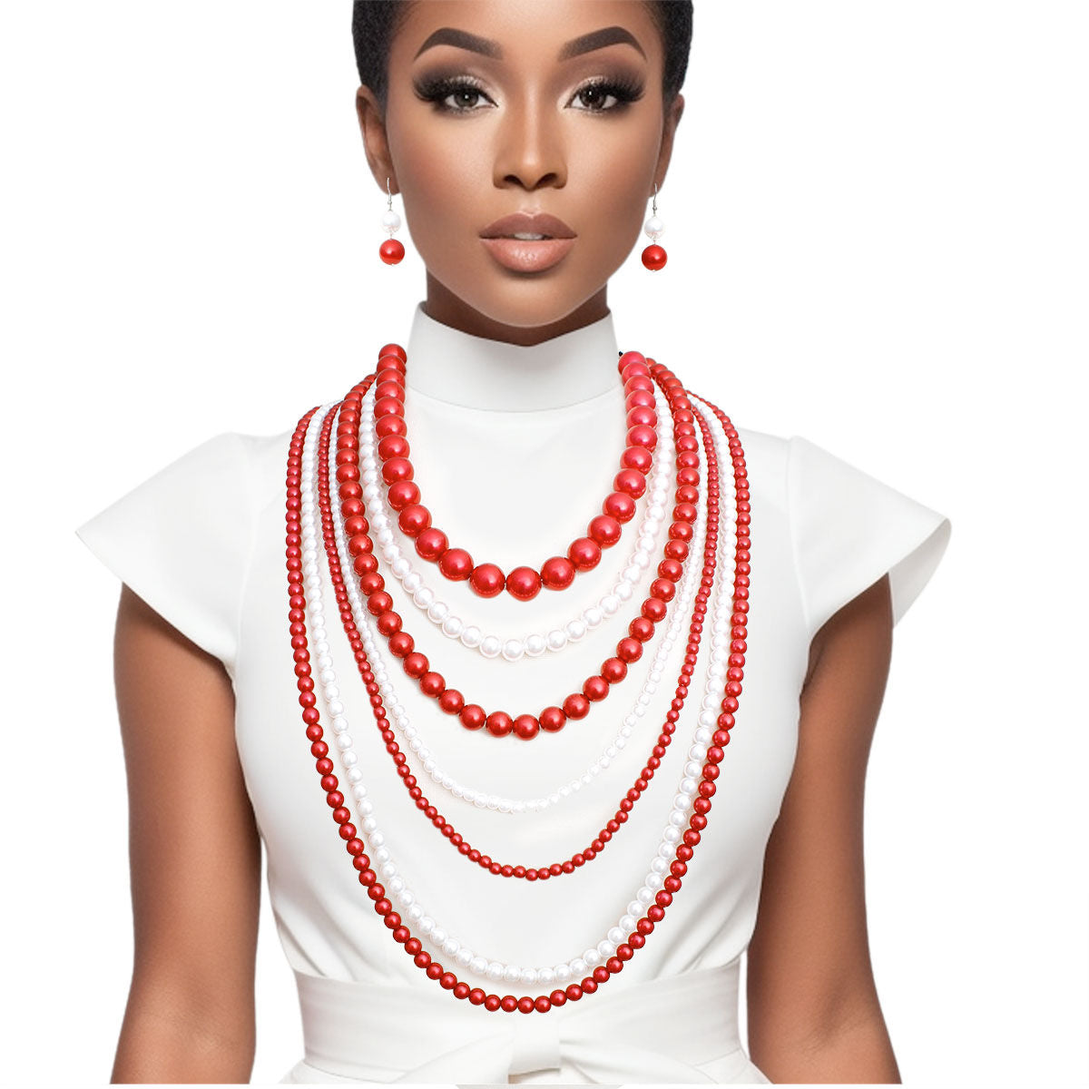 DST Sorority Red White Pearl Long 7 Row Necklace