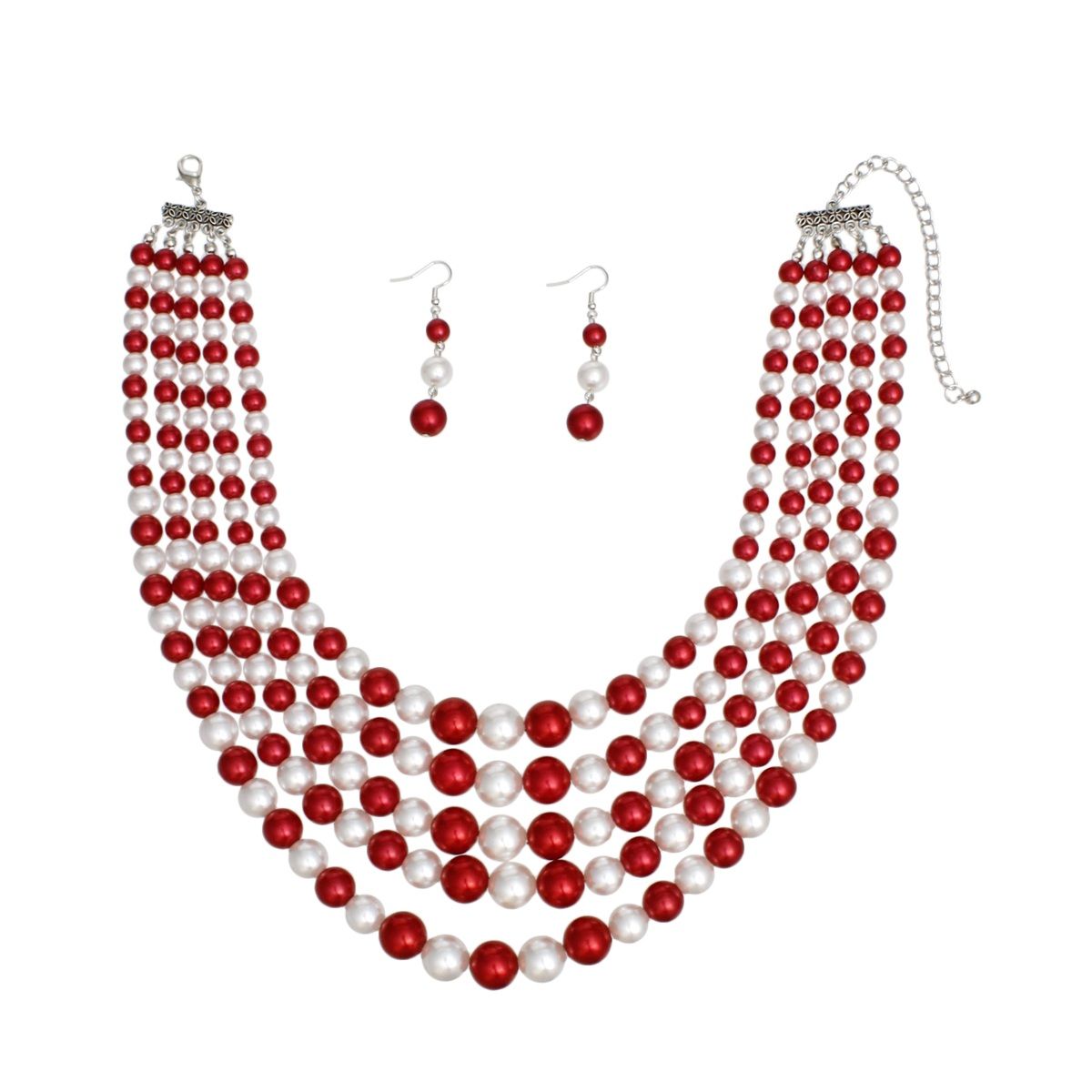 DST Alternating Red White Pearl 5 Strand Necklace