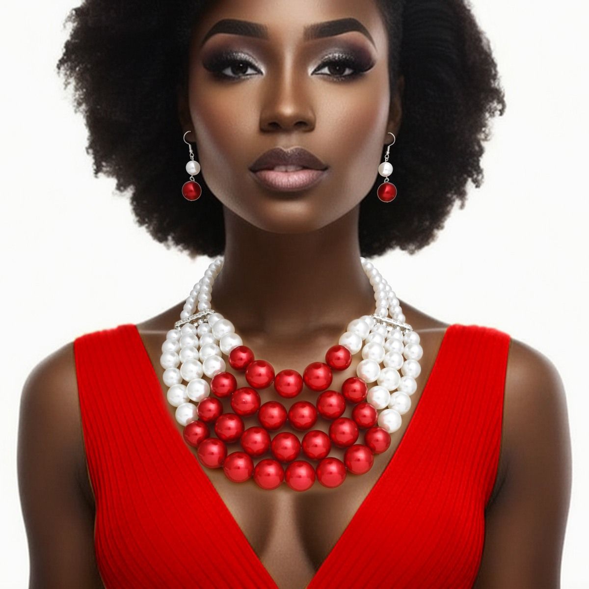 DST Chunky Red White Pearl Bib Necklace Set