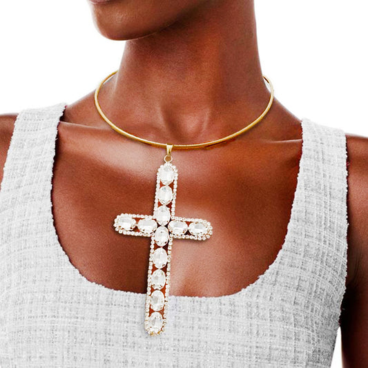 Gold Rigid Collar Elegant Cross Necklace