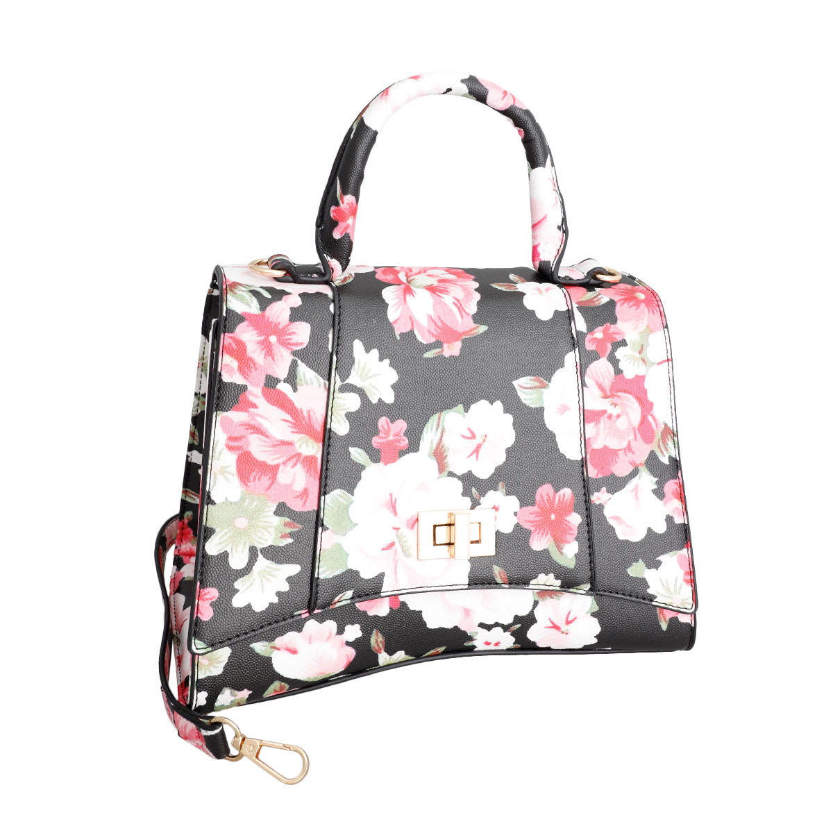 Black Floral Flal Top Handle Handbag Set