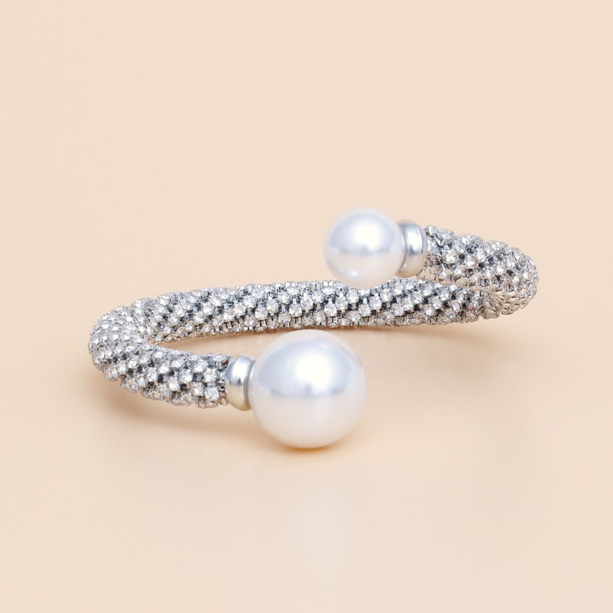 Cuff Silver Twist Rhinestone Pearl Capped Bracelet