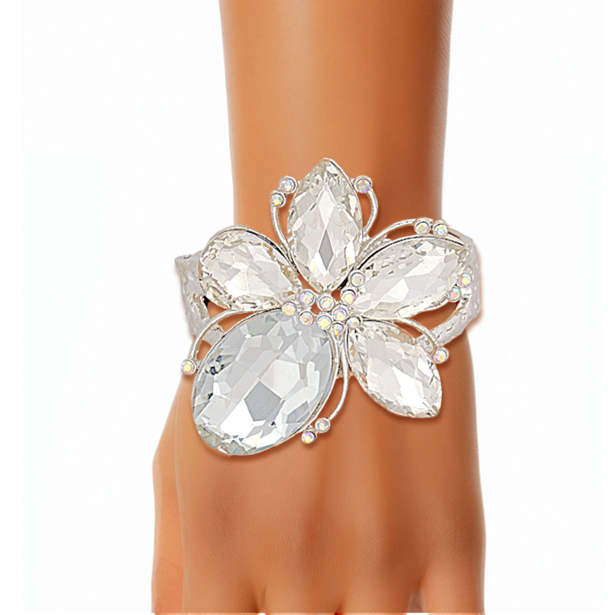 Silver Clear Crystal Flower Hinge Cuff