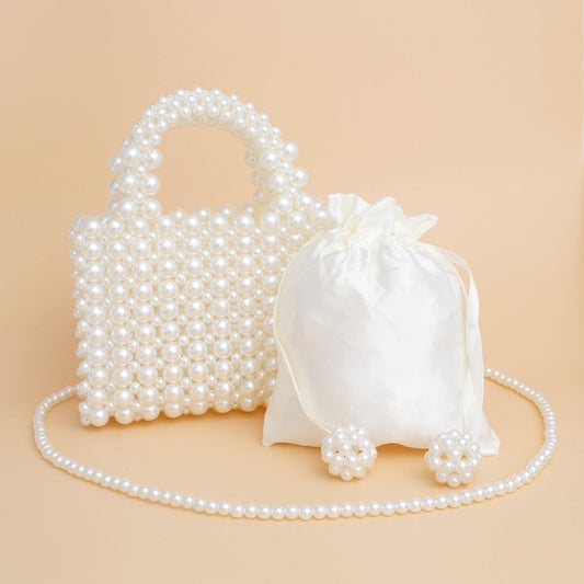 Top Handle Square Cream Pearl Woven Handmade Bag