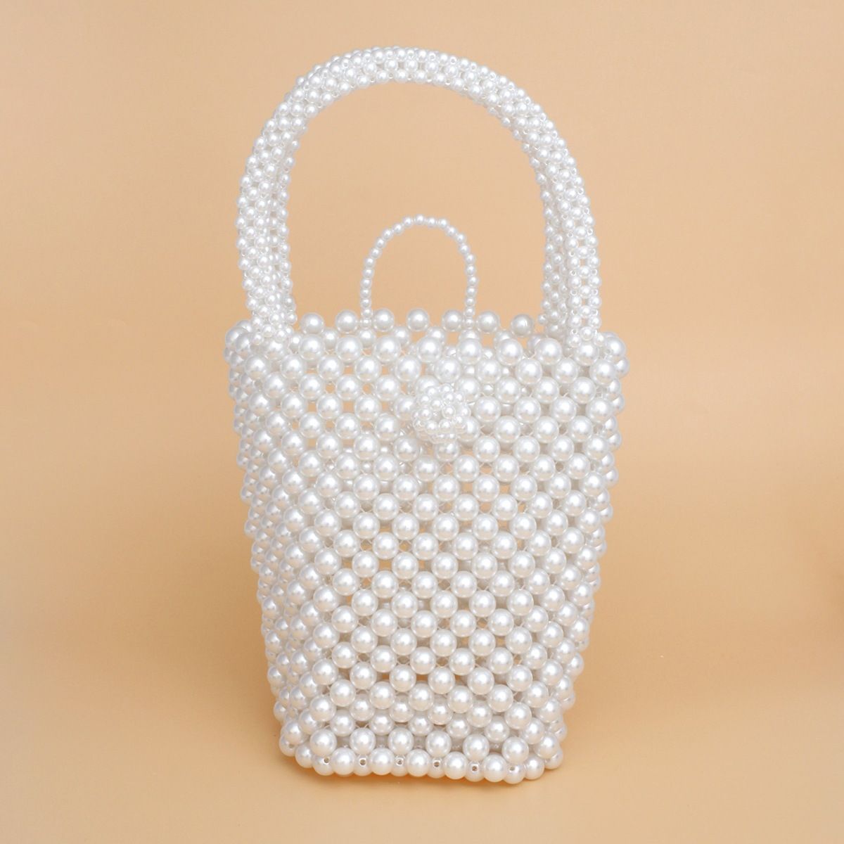 Top Handle Bucket White Pearl Woven Handmade Bag