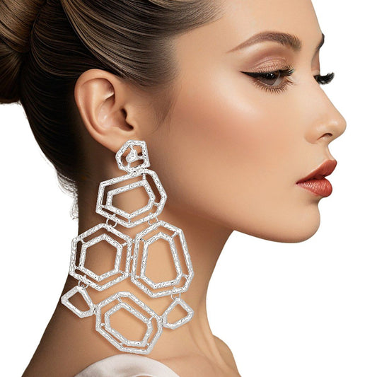 Dangle Large Silver Geometric Structured Earrings