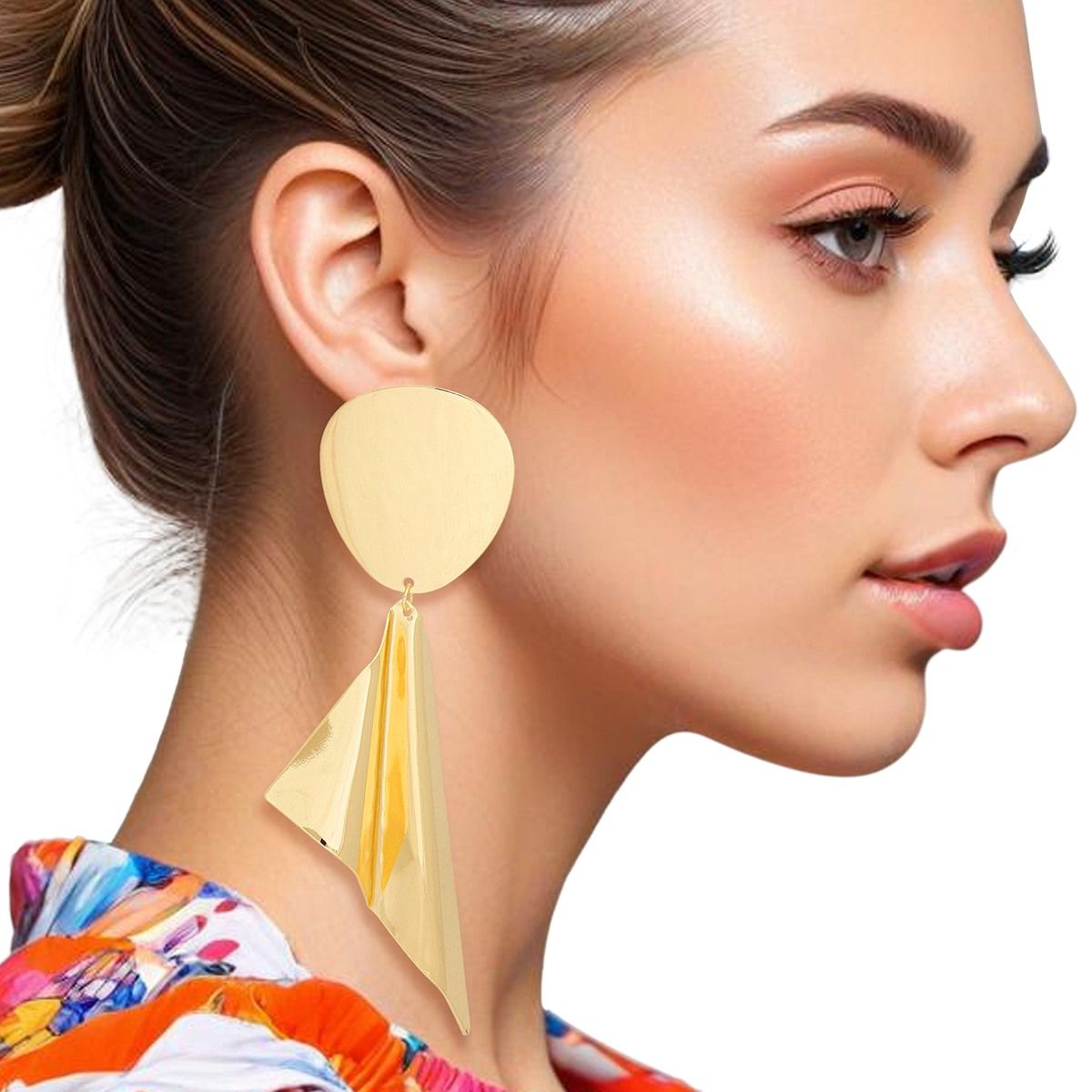 Drop Polished Gold Folded Metal Large Earrings