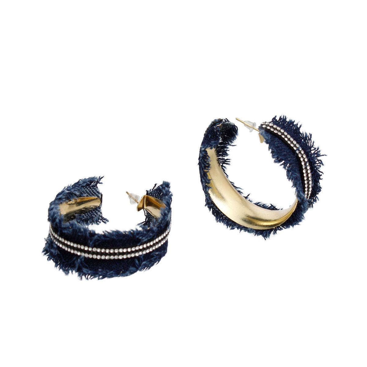 Hoop Gold Frayed Denim Pave Rhinestone Earrings