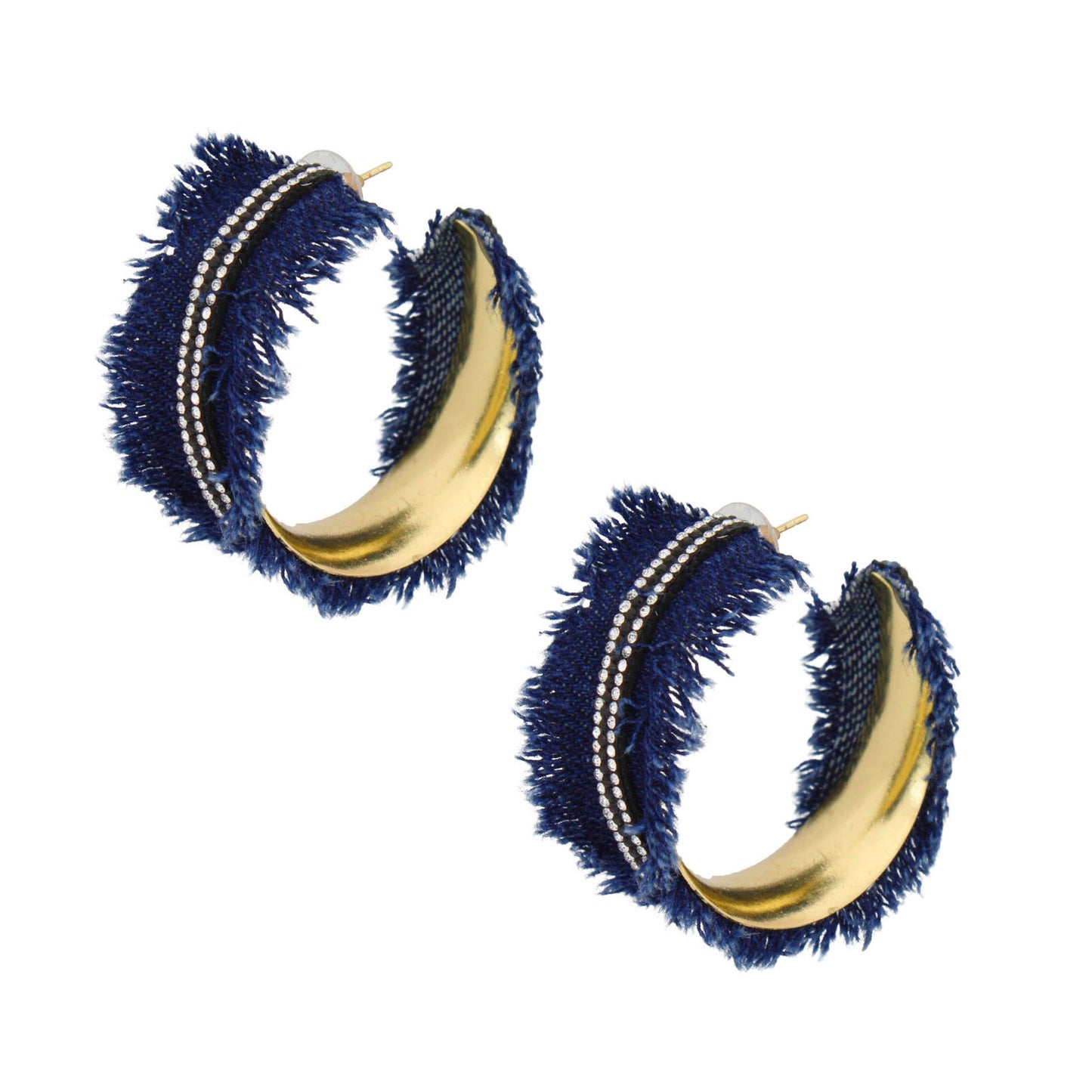 Hoop Gold Frayed Denim Pave Rhinestone Earrings