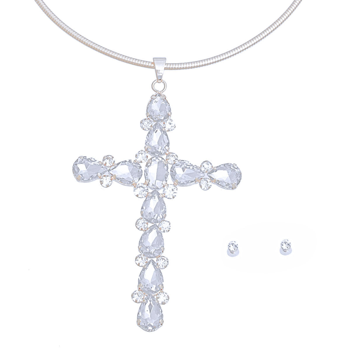 Silver Teardrop Crystal Cross Necklace