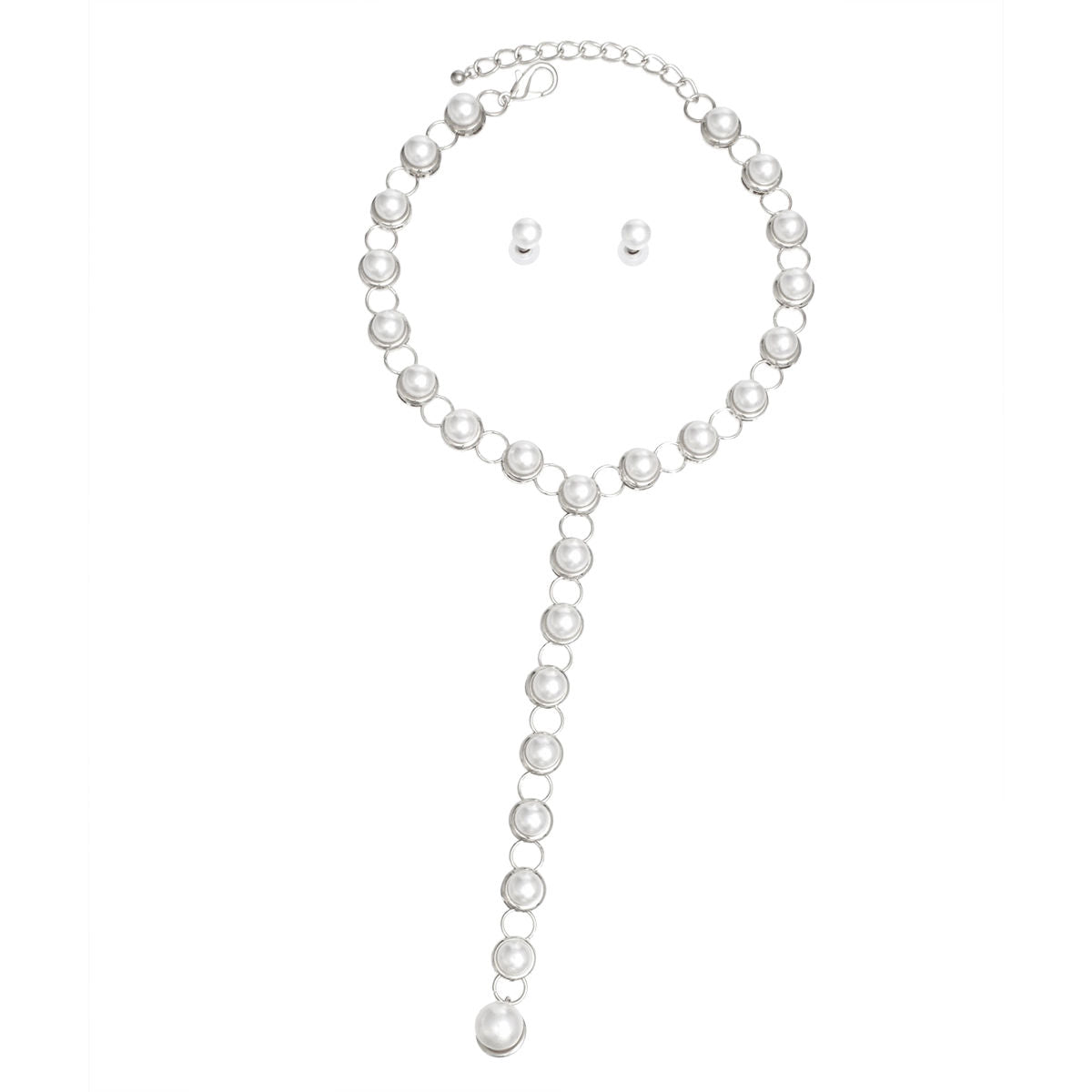 Y Necklace Silver Round Link White Pearl Set Women