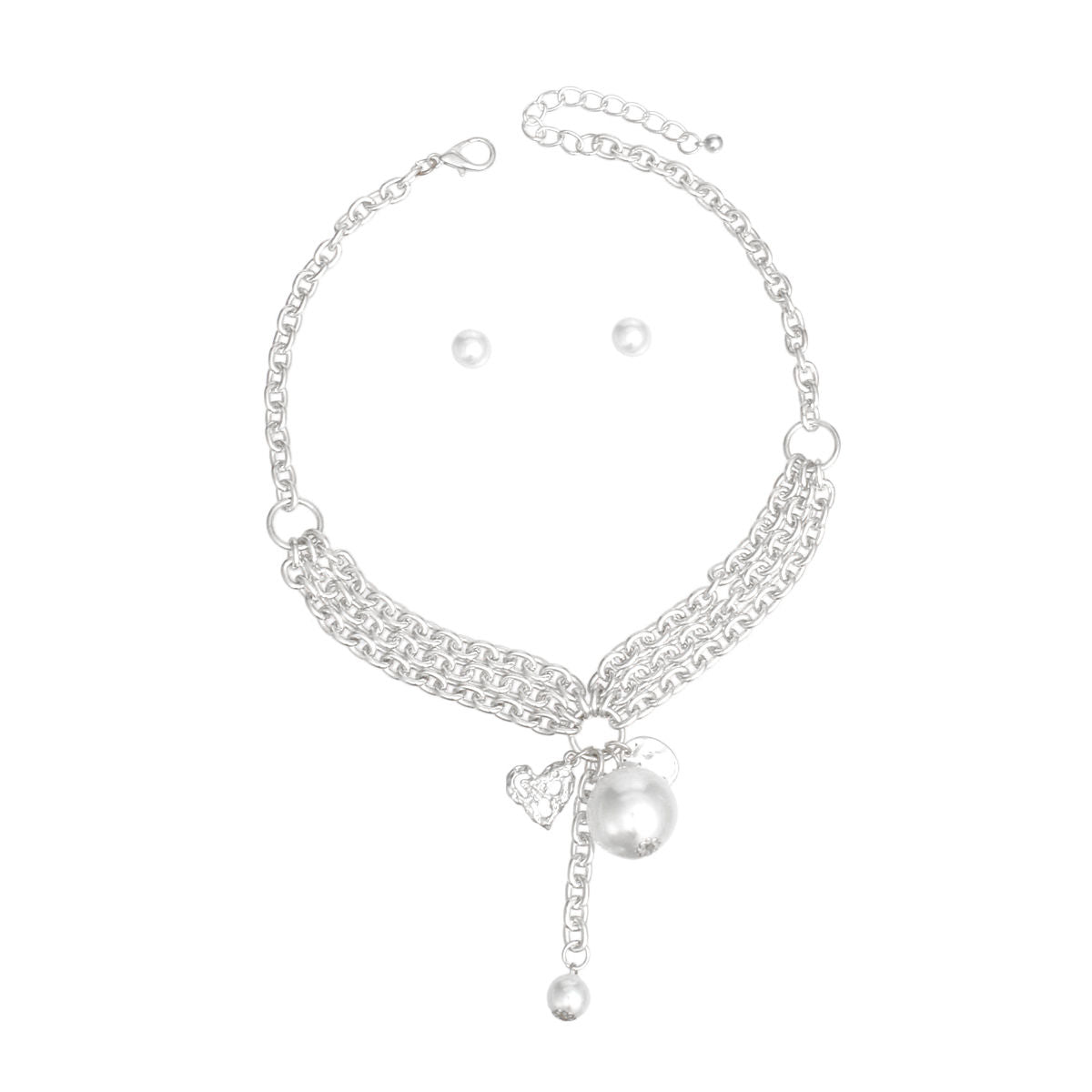 Charm White Pearl Silver Cable Chain Necklace Set